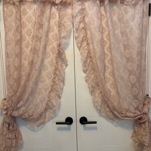 Vintage Pink Lace Curtains 2 Panels w Tiebacks 41x63 Cottagecore Shabby Chic